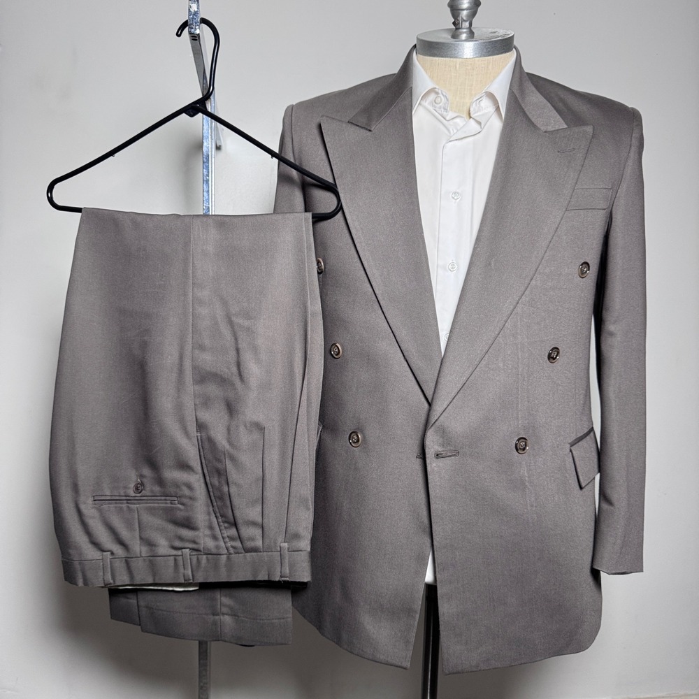 Raffinati Suit Mens 40 36x31 Taupe Gray Solid Double Breasted Peak Lapel Vintage